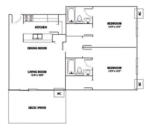 Floor plan for 2 beds, 2 baths, 1073 sqft